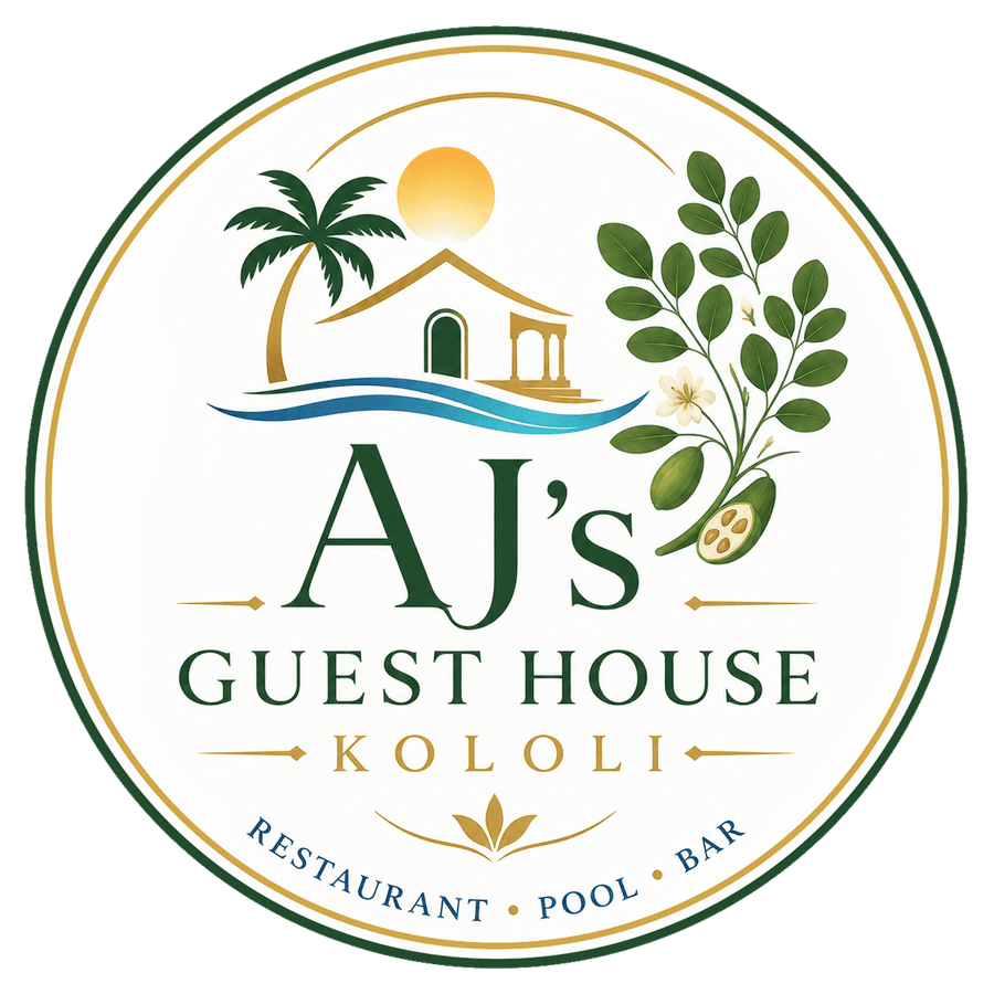 AJ's Guest House, Kololi. Restaurant, pool and bar.