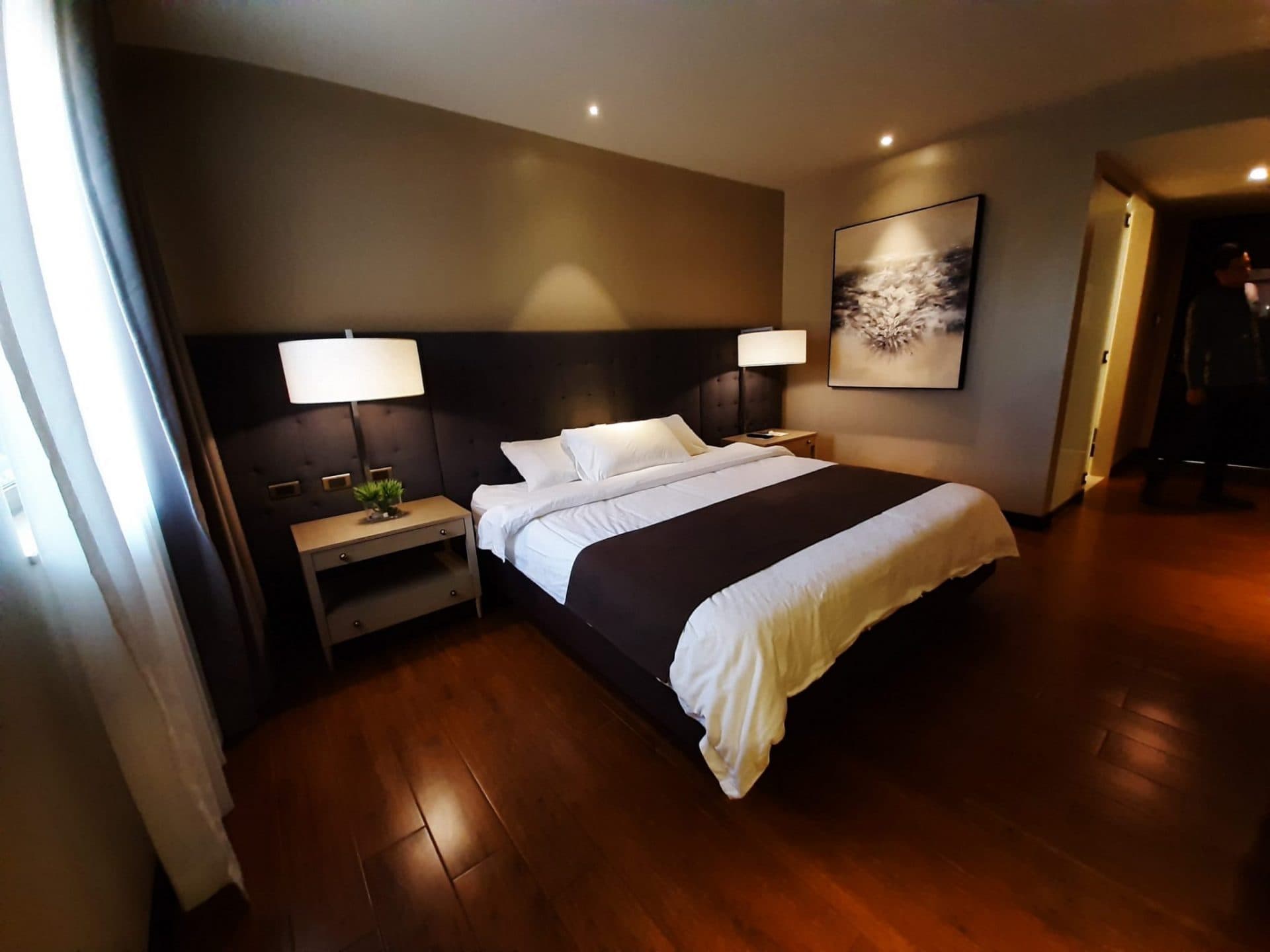 The single room, with a double bed and a garden outlook.