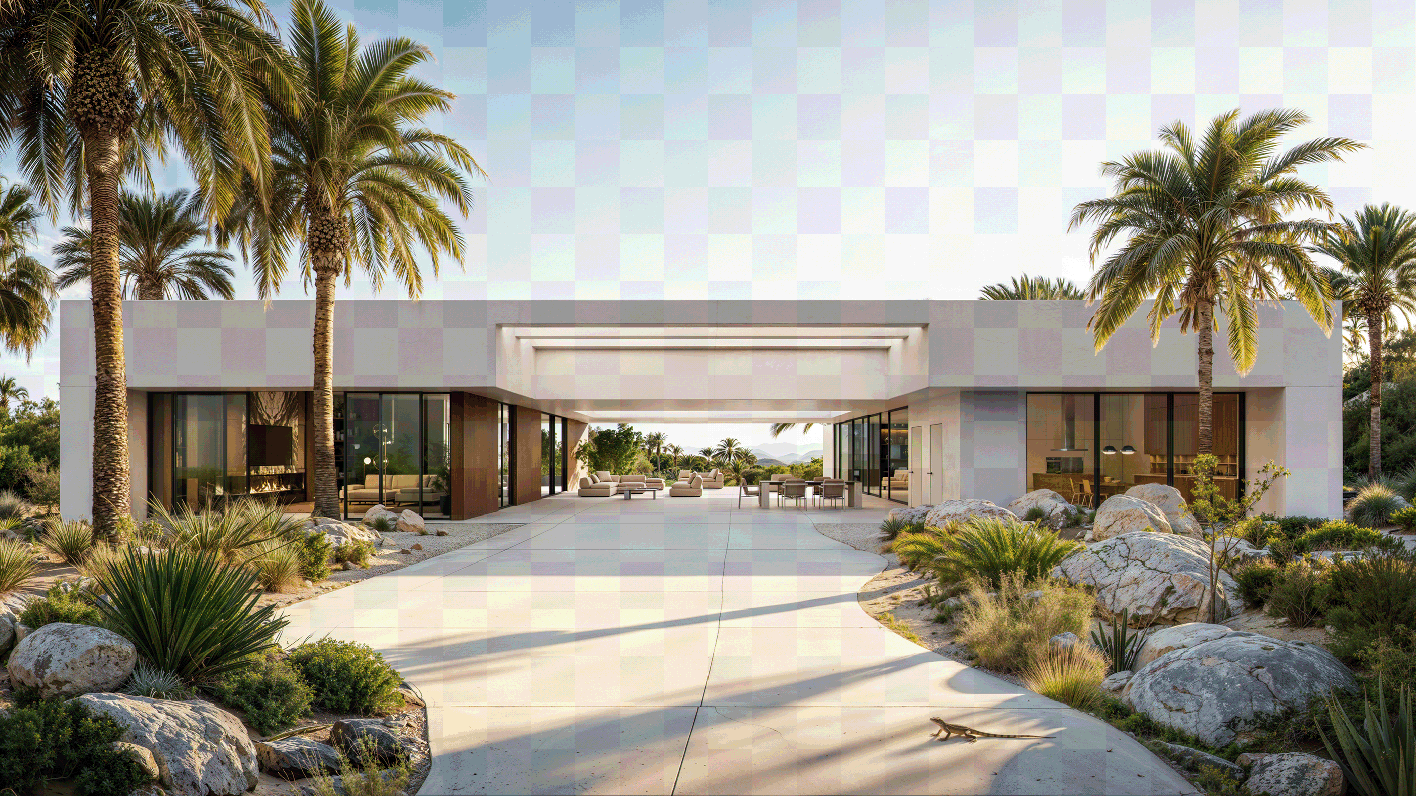 The front of the guest house, with palms either side of the entrance.